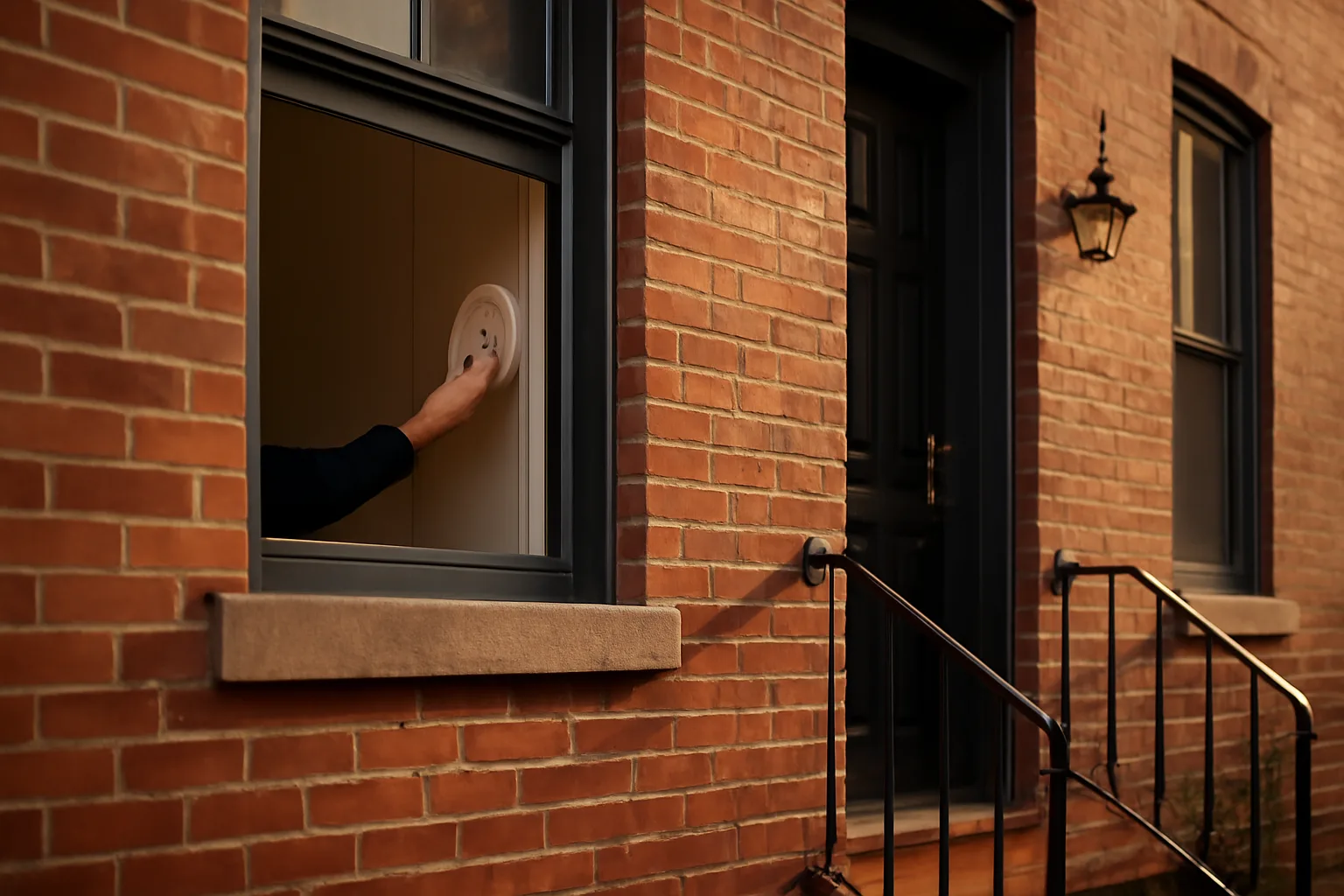 Philadelphia rowhouse exterior with landlord checking smoke detector near open window