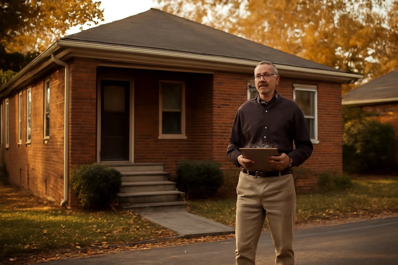 Landlord standing outside a Tennessee rental duplex holding a clipboard for inspection