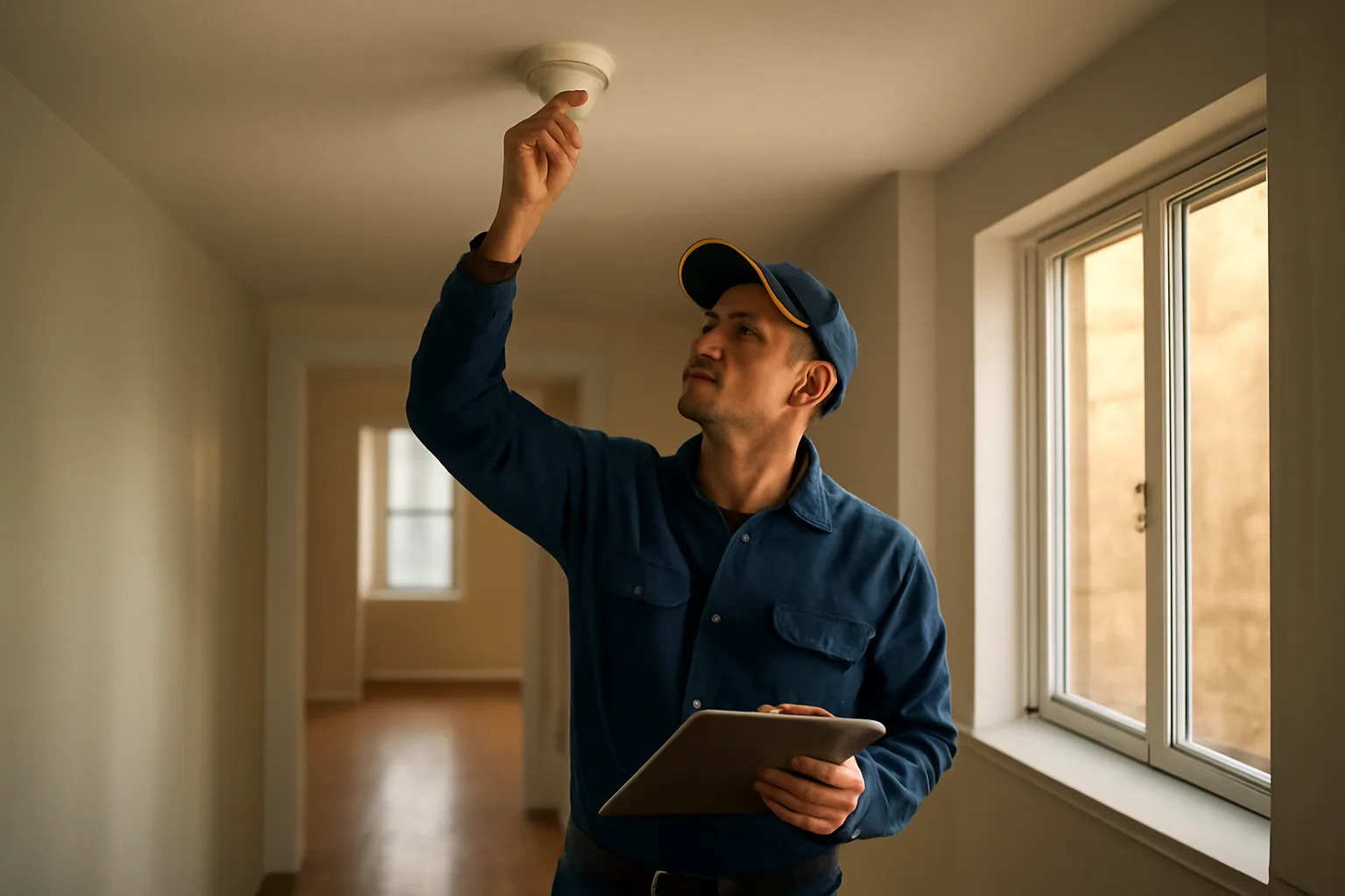 Landlord standing on a step stool testing a smoke detector during a walkthrough checklist inspection
