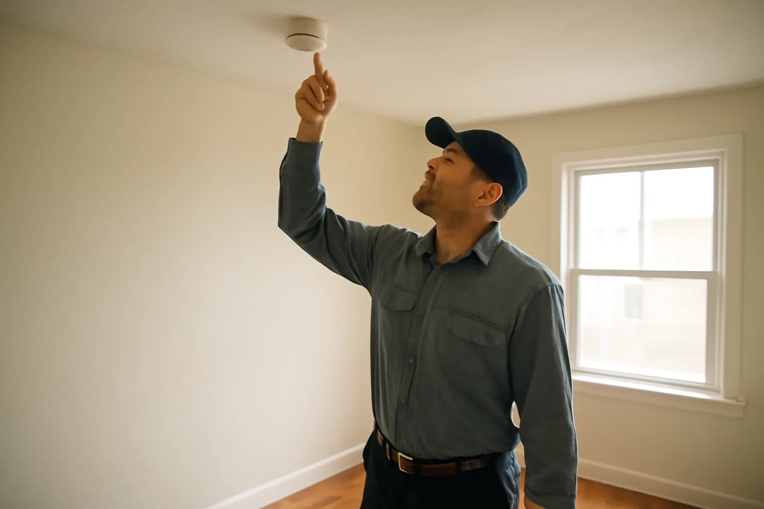 Landlord inspecting a smoke detector during a lease move-in checklist walk-through