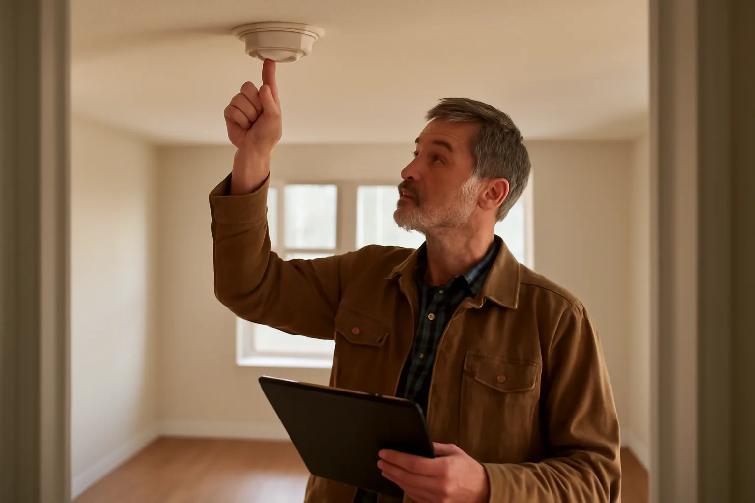 Landlord inspecting a smoke detector in an empty rental unit during a walkthrough