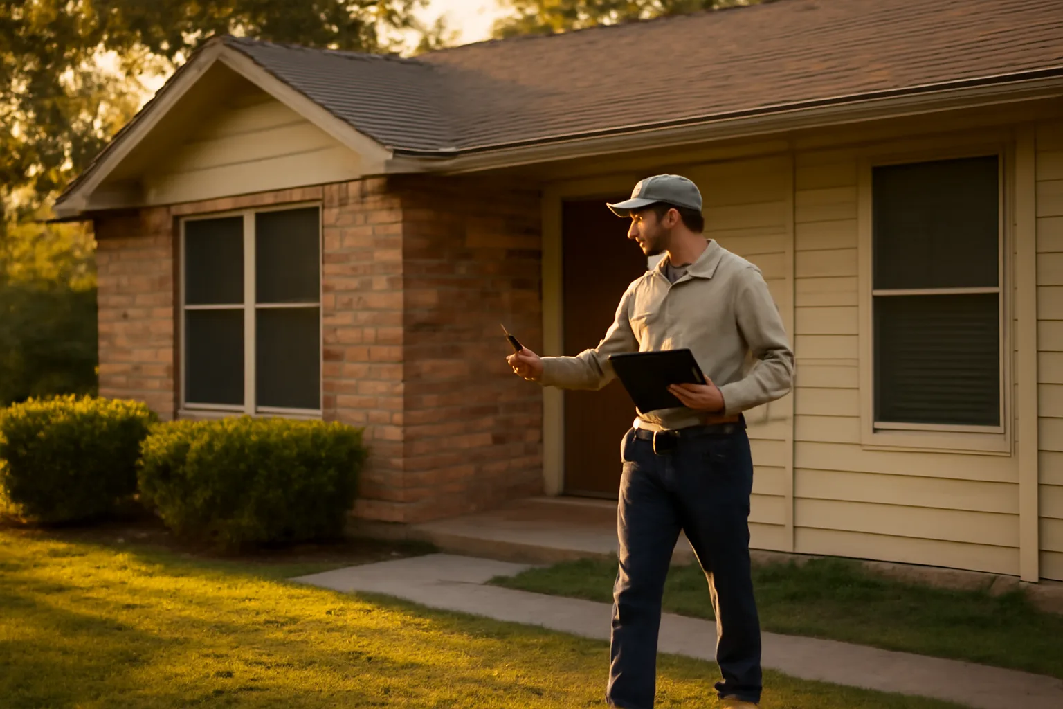 Code inspector reviewing exterior of a suburban Little Elm rental home