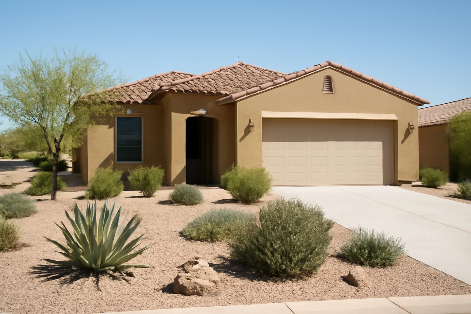 Stucco single-family rental home with desert landscaping in Maricopa, Arizona neighborhood