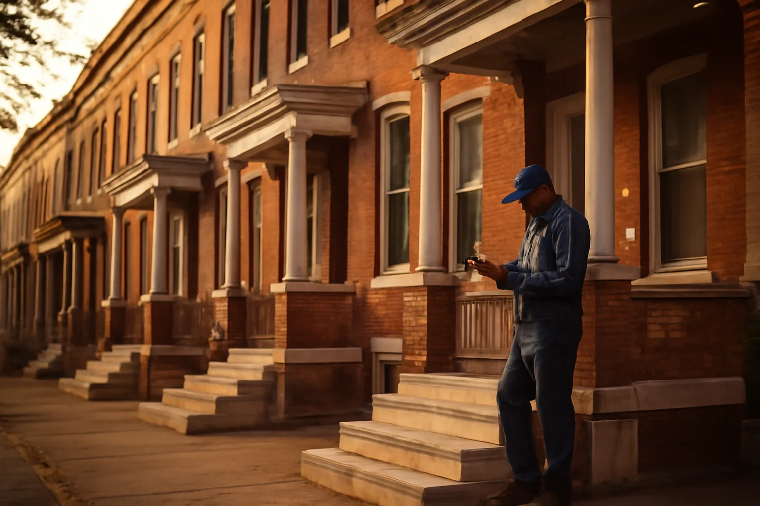 Landlord reviewing paperwork on a Baltimore rowhouse porch in late afternoon light