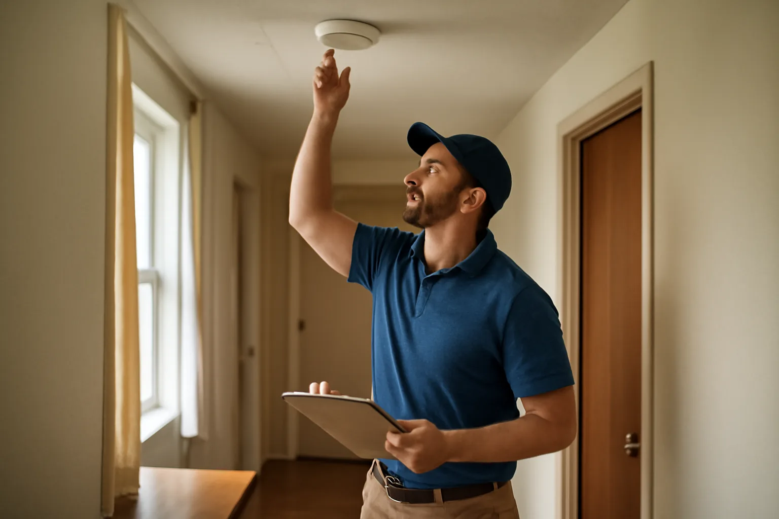 Inspector checking a smoke detector during a rental property inspection in a small home
