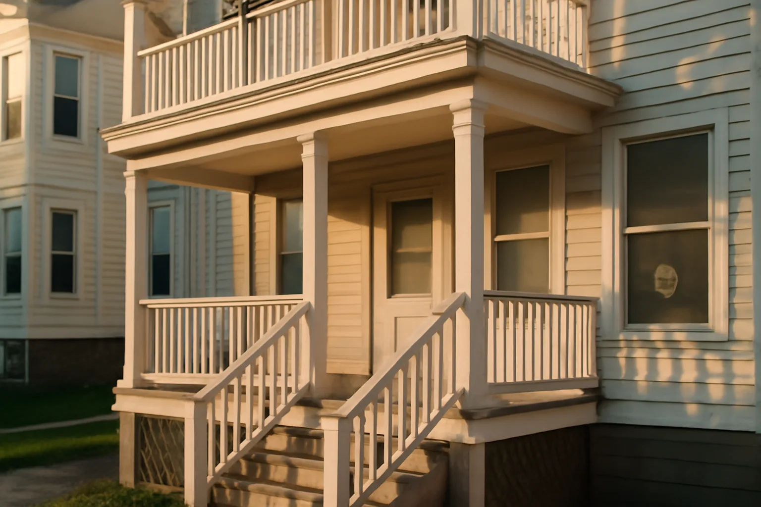 Triple-decker New England rental building exterior under morning light