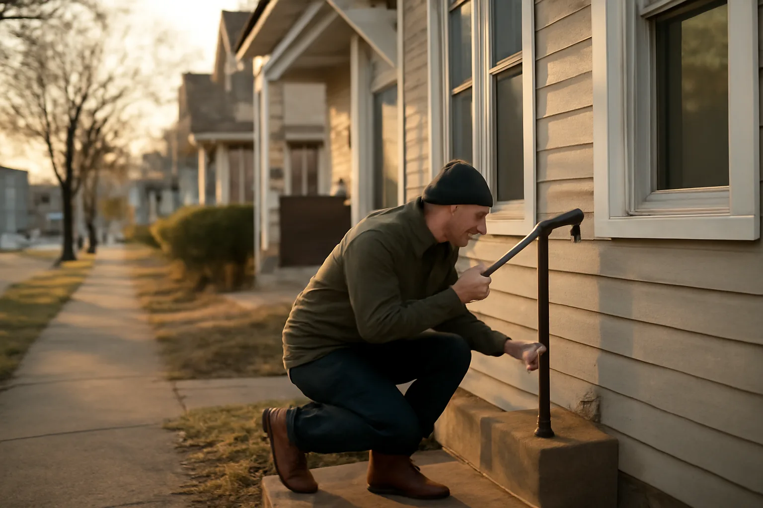 Landlord inspecting handrail and window trim outside a Minneapolis rental duplex