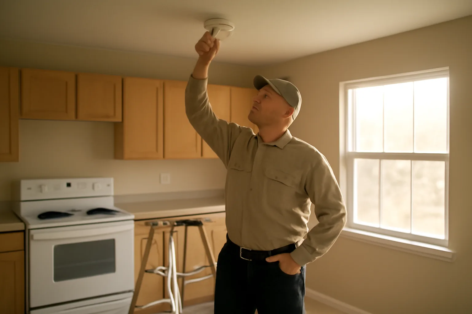 Landlord checking a smoke detector during a rental unit inspection walkthrough