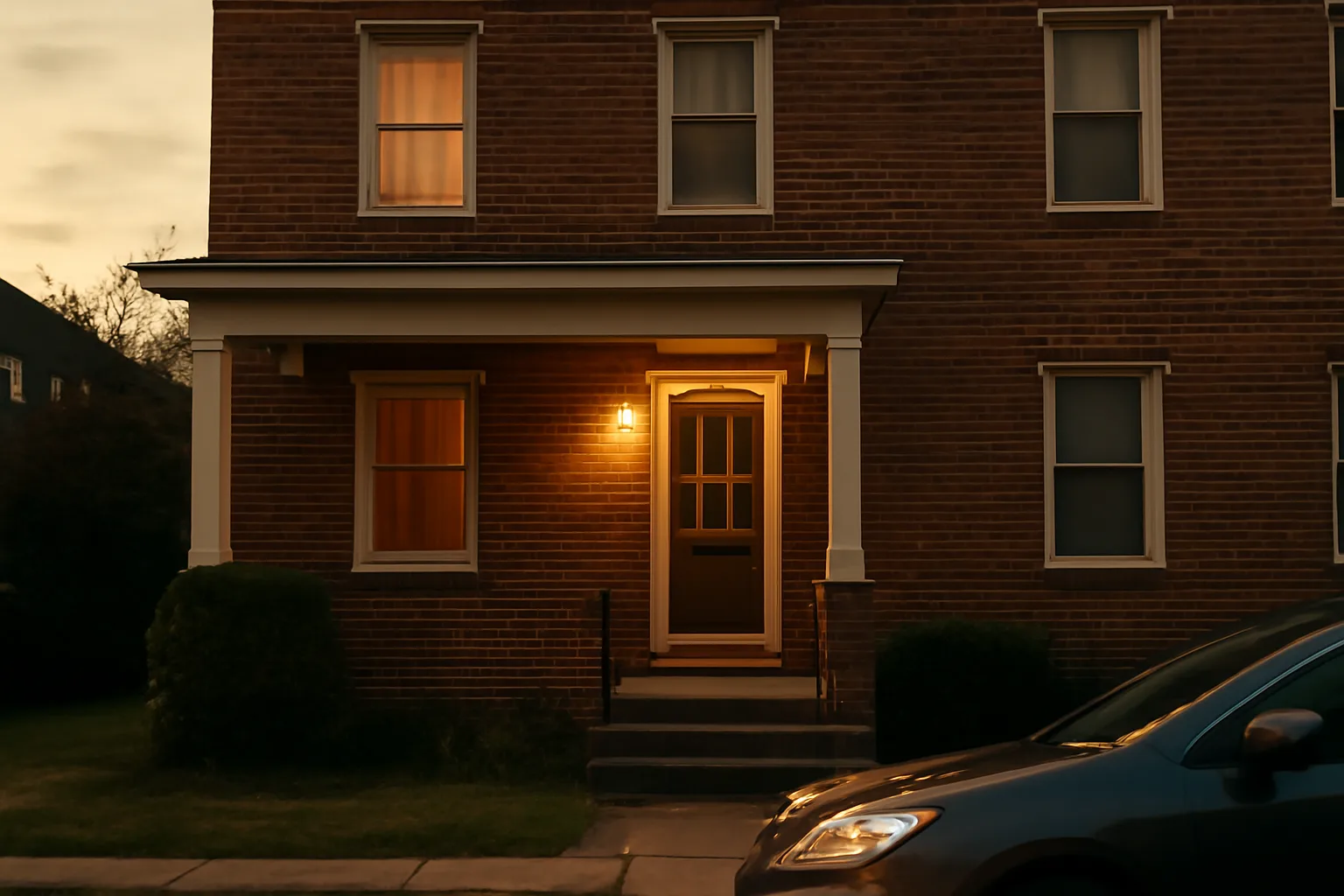 Brick rowhouse at dusk representing a licensed rental unit in Montgomery County