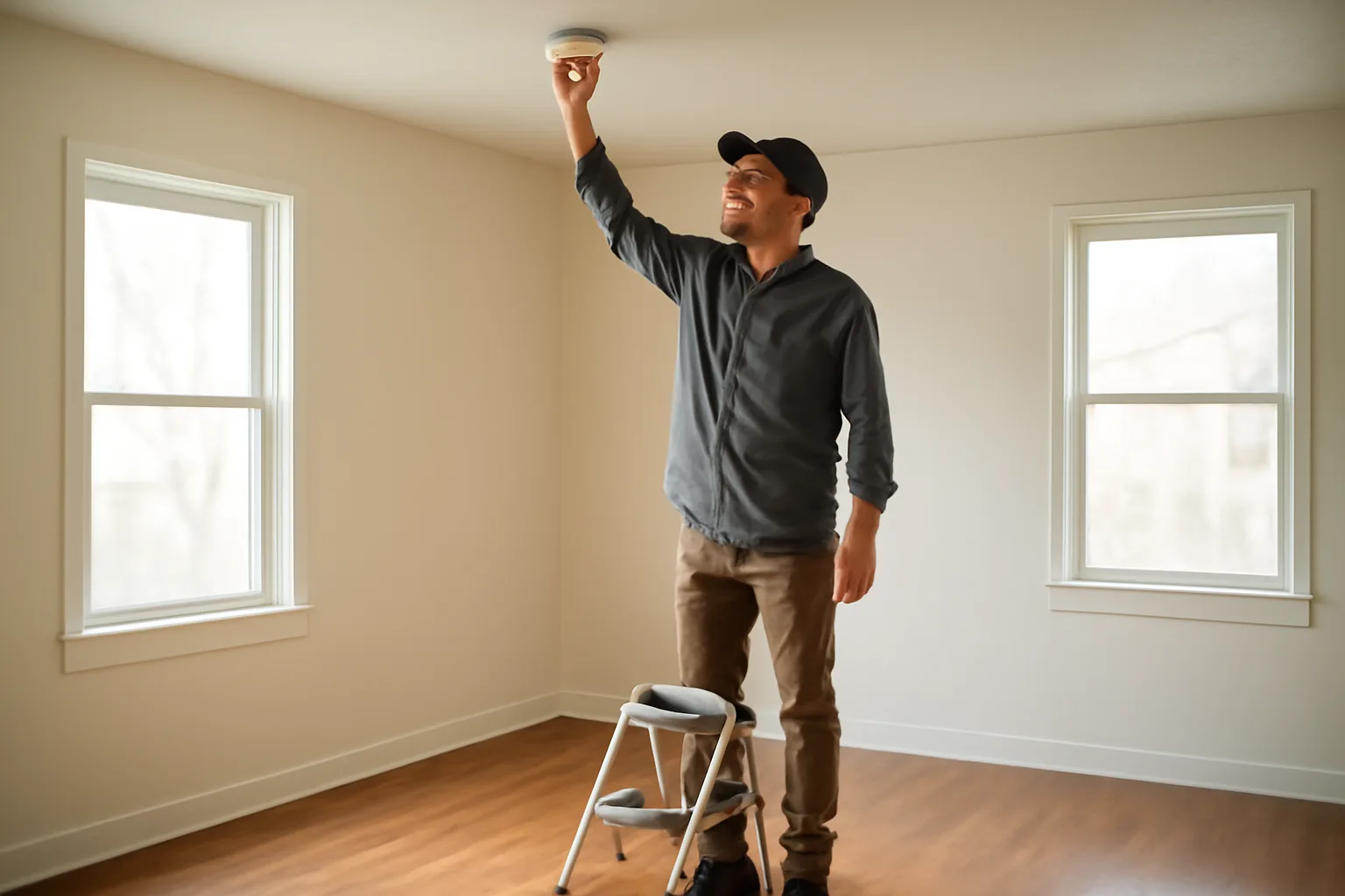 Landlord inspecting a smoke detector during a new rental unit walk-through