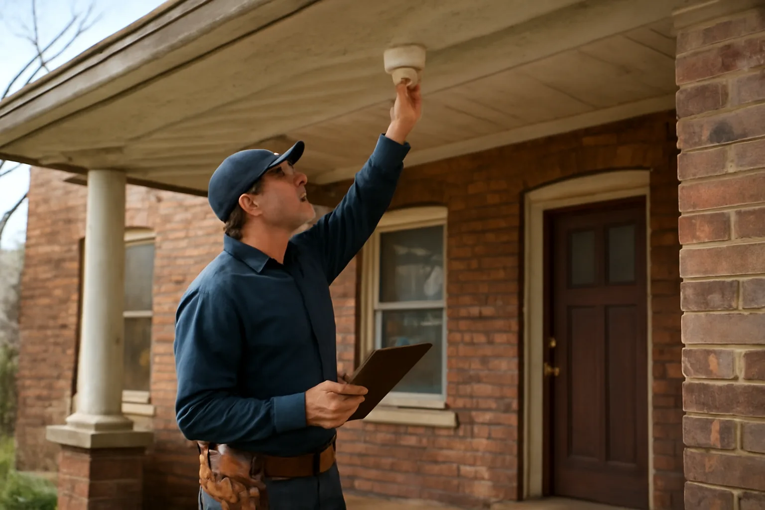 Landlord checking a smoke detector outside a small rental duplex during daylight