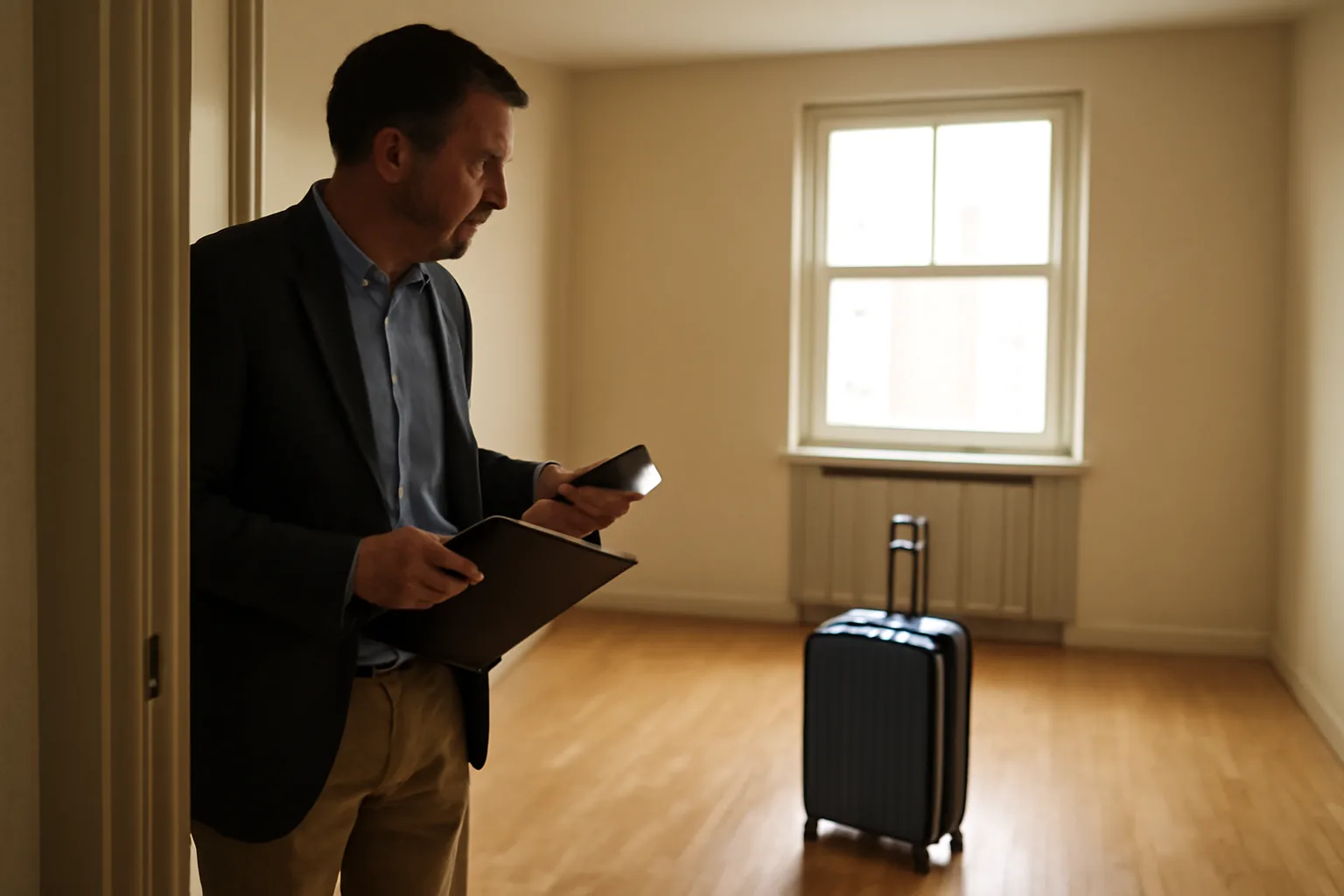 Landlord inspecting a seemingly abandoned rental unit with a suitcase left behind