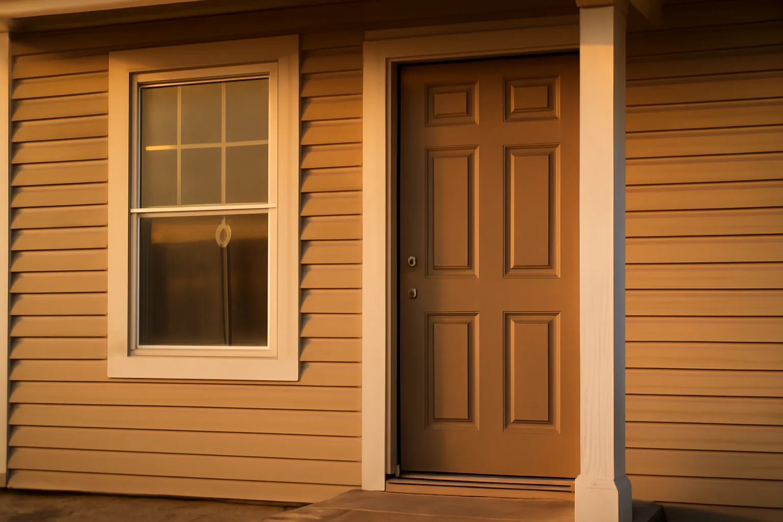 Front door of a small rental house at sunset, unrelated to boat rentals