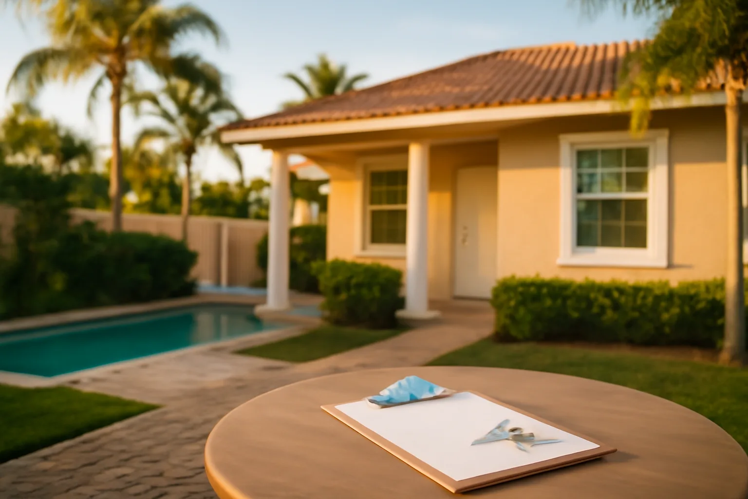 Orlando vacation rental home exterior with pool gate and keys on outdoor table