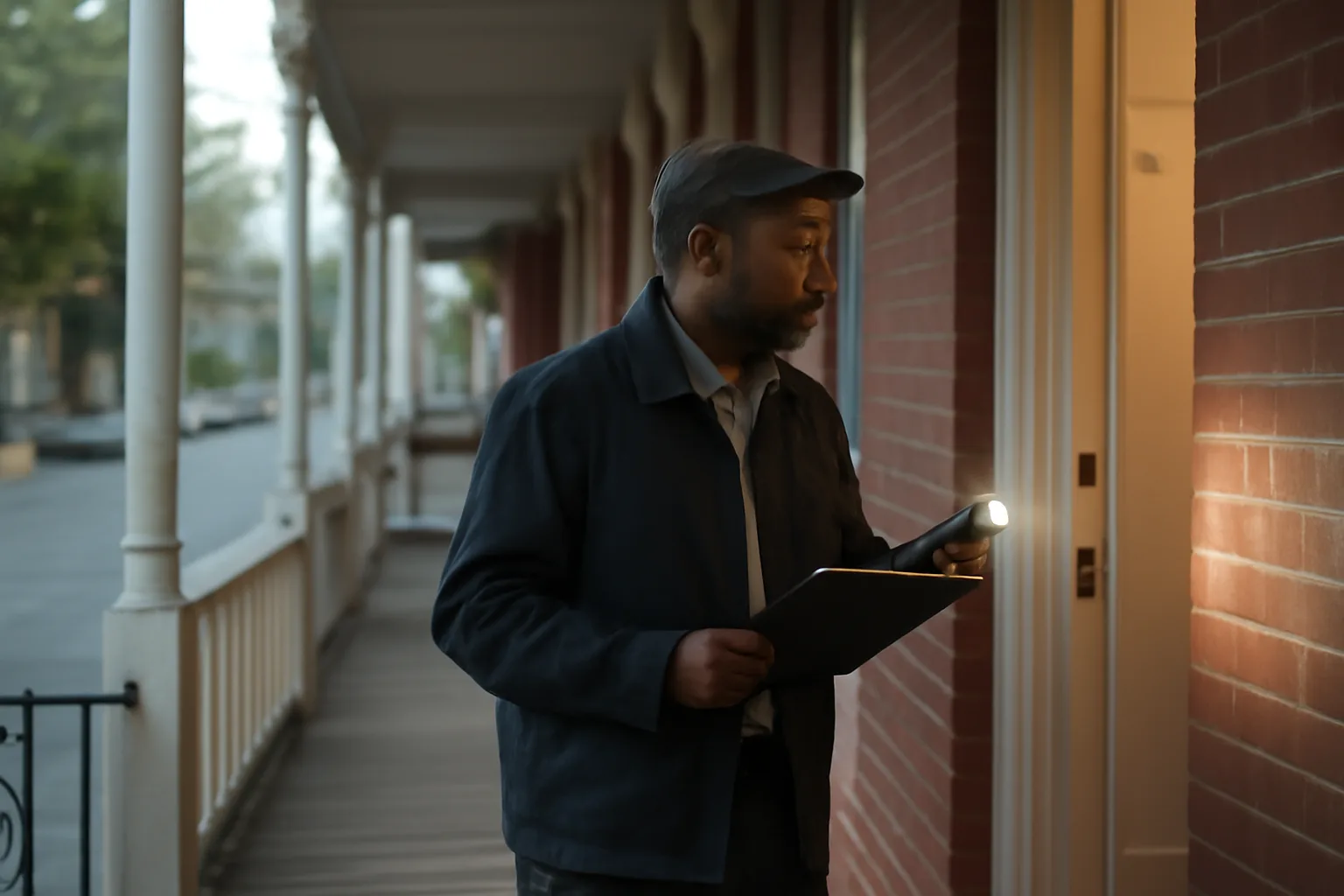 Landlord inspecting a Philadelphia rowhouse porch and hallway in morning light