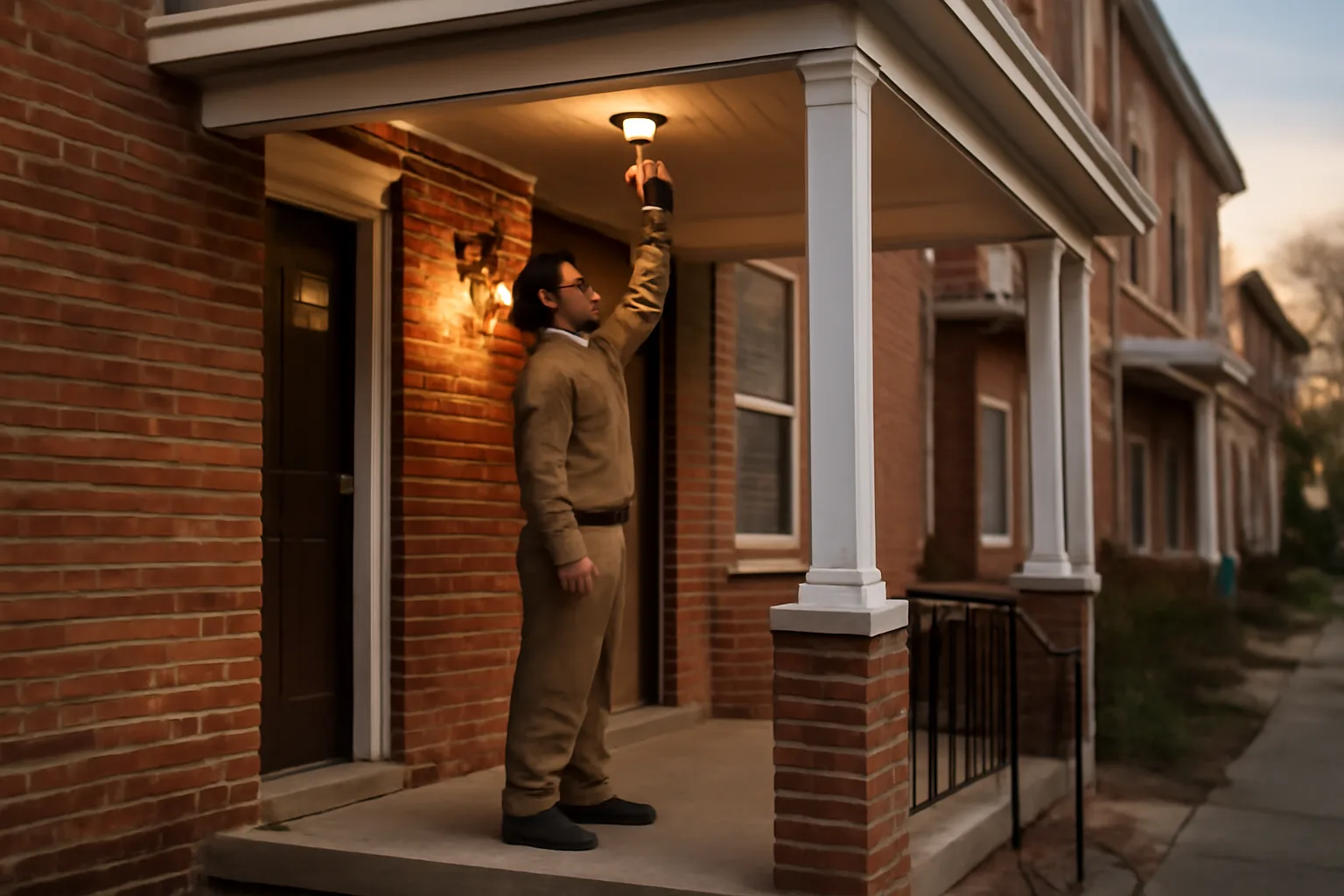 Landlord checking a smoke detector on a Pennsylvania rental property porch