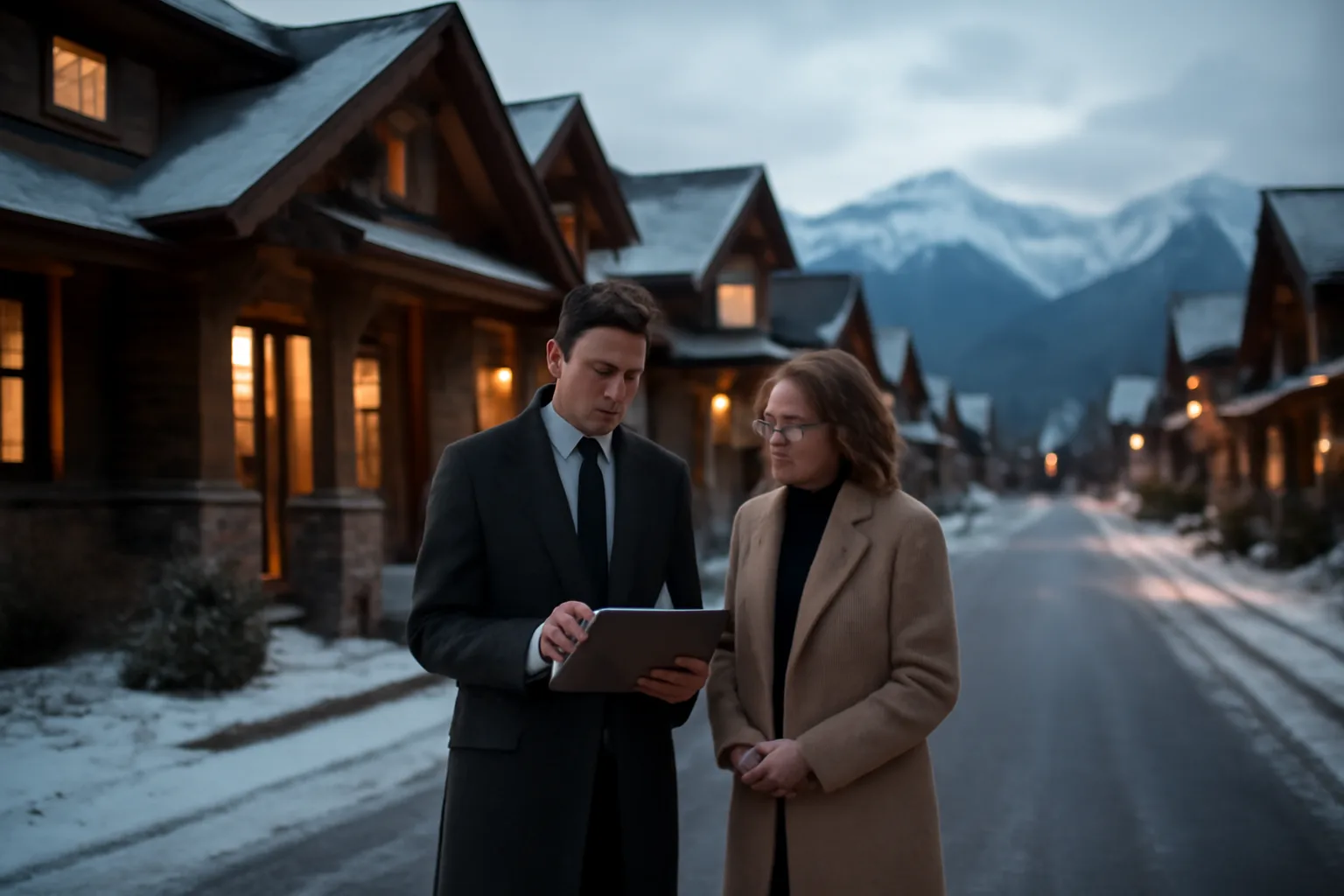 Homeowner and agent reviewing documents outside a Park City style mountain rental home at dusk