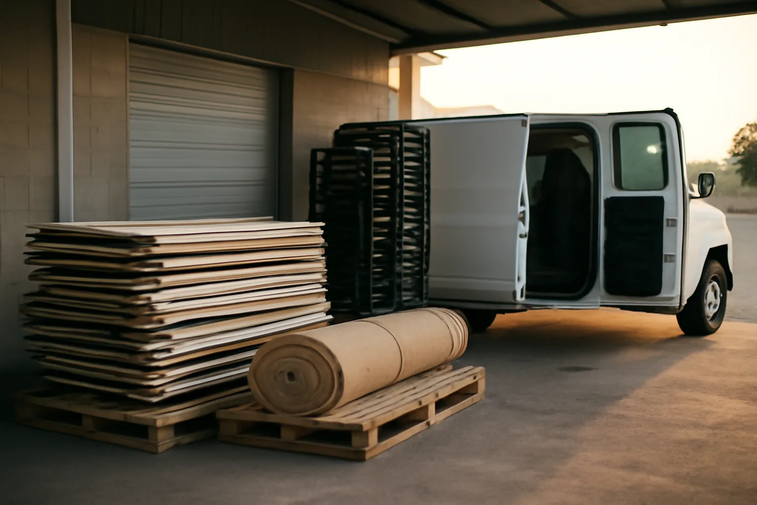 Party rental equipment warehouse with stacked tables and chairs before a delivery
