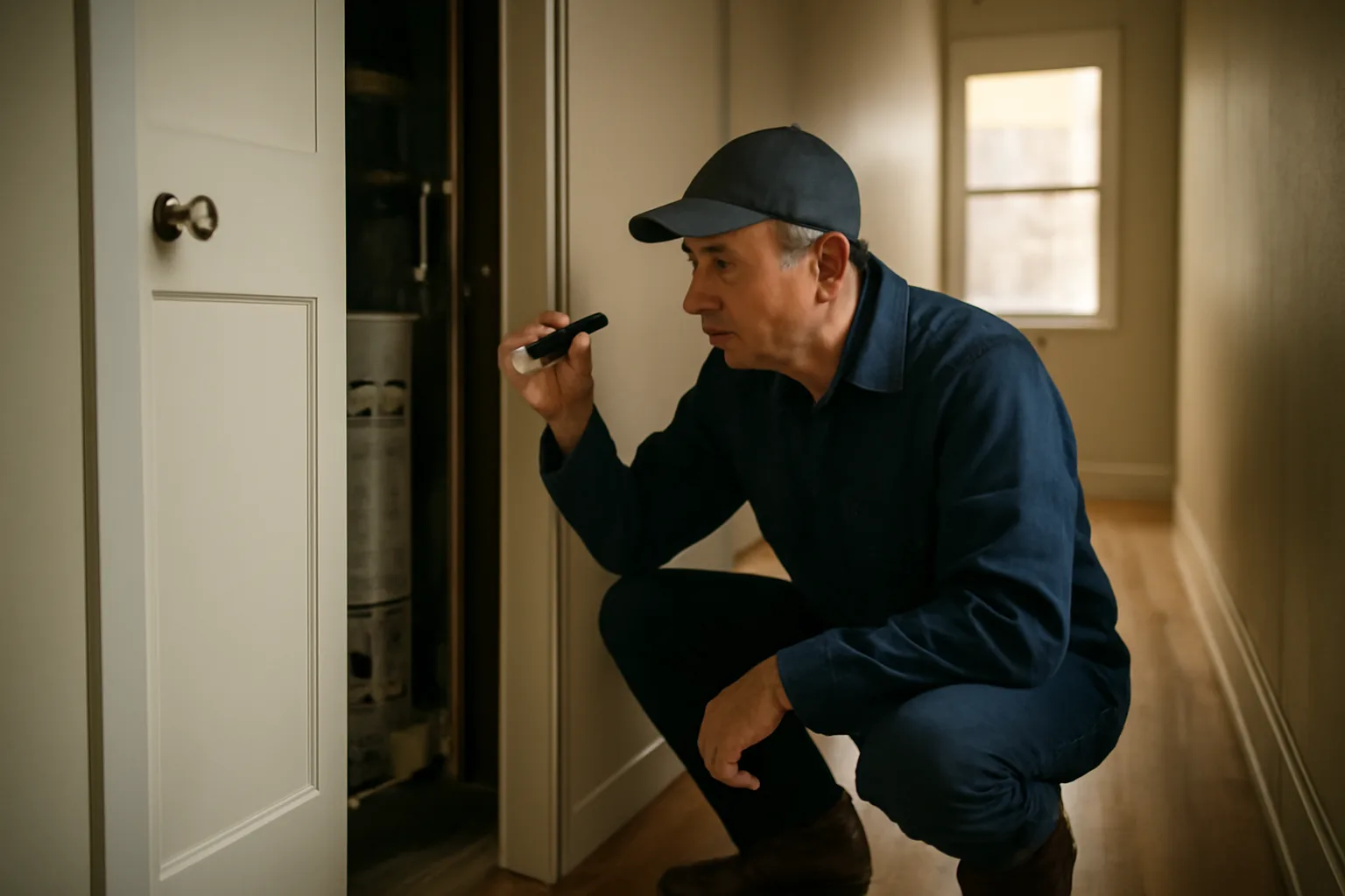Landlord checking a smoke detector during a periodic rental property inspection
