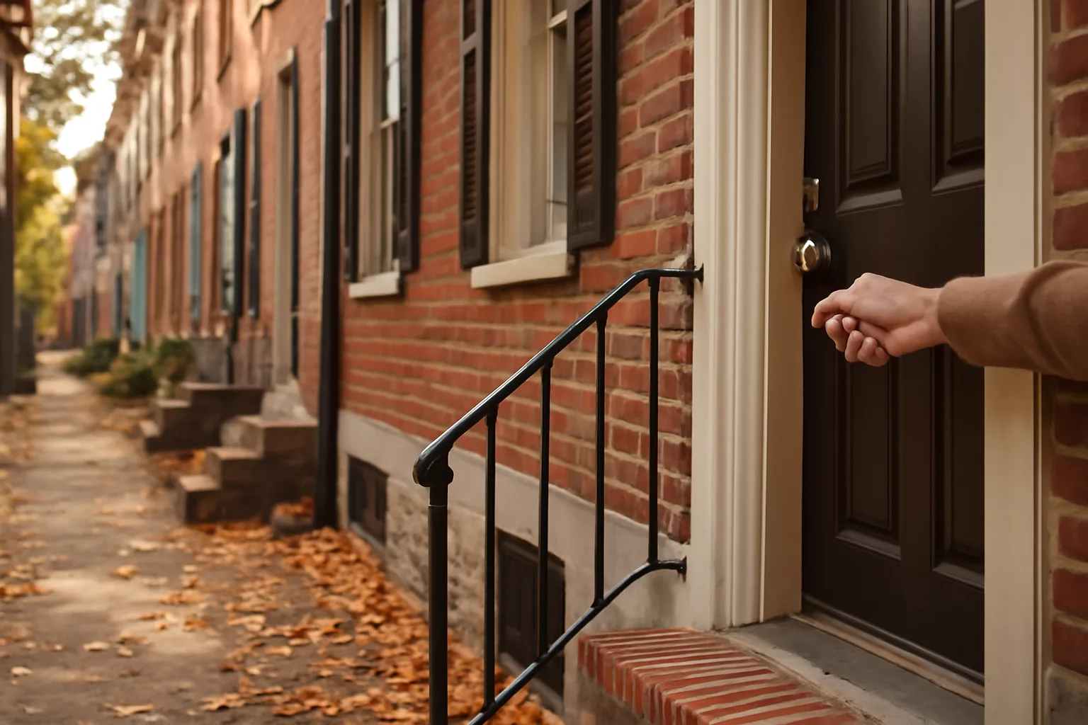 Landlord unlocking the front door of a Philadelphia rowhouse rental property