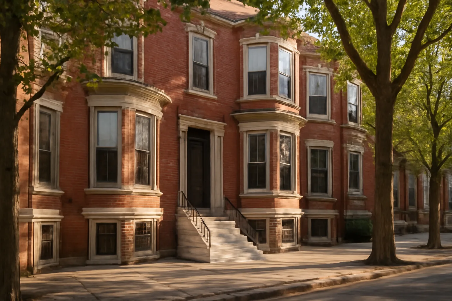 Philadelphia brick rowhouse exterior with bay windows and marble steps