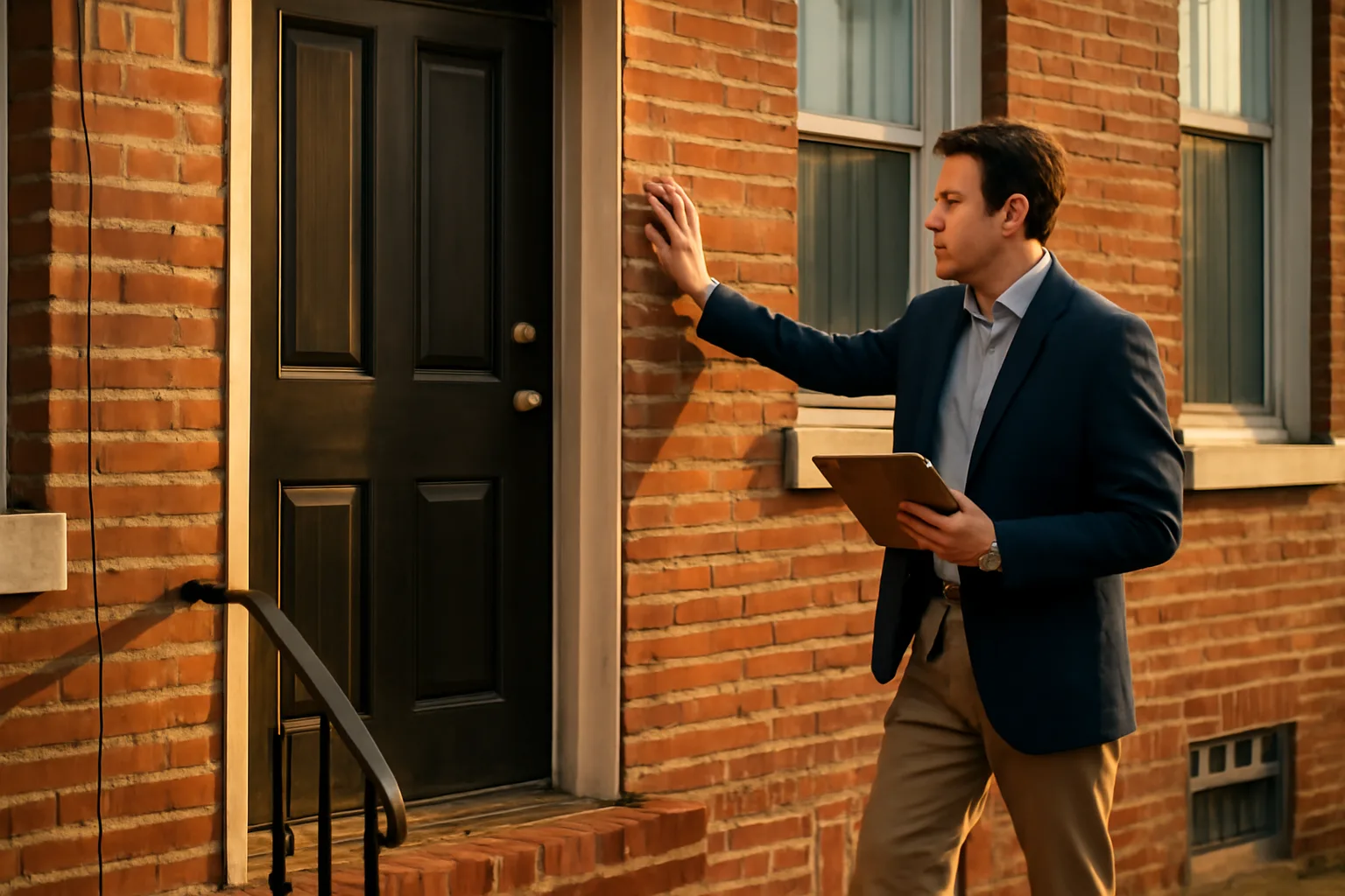Landlord inspecting a Philadelphia rowhouse exterior before a rental license check
