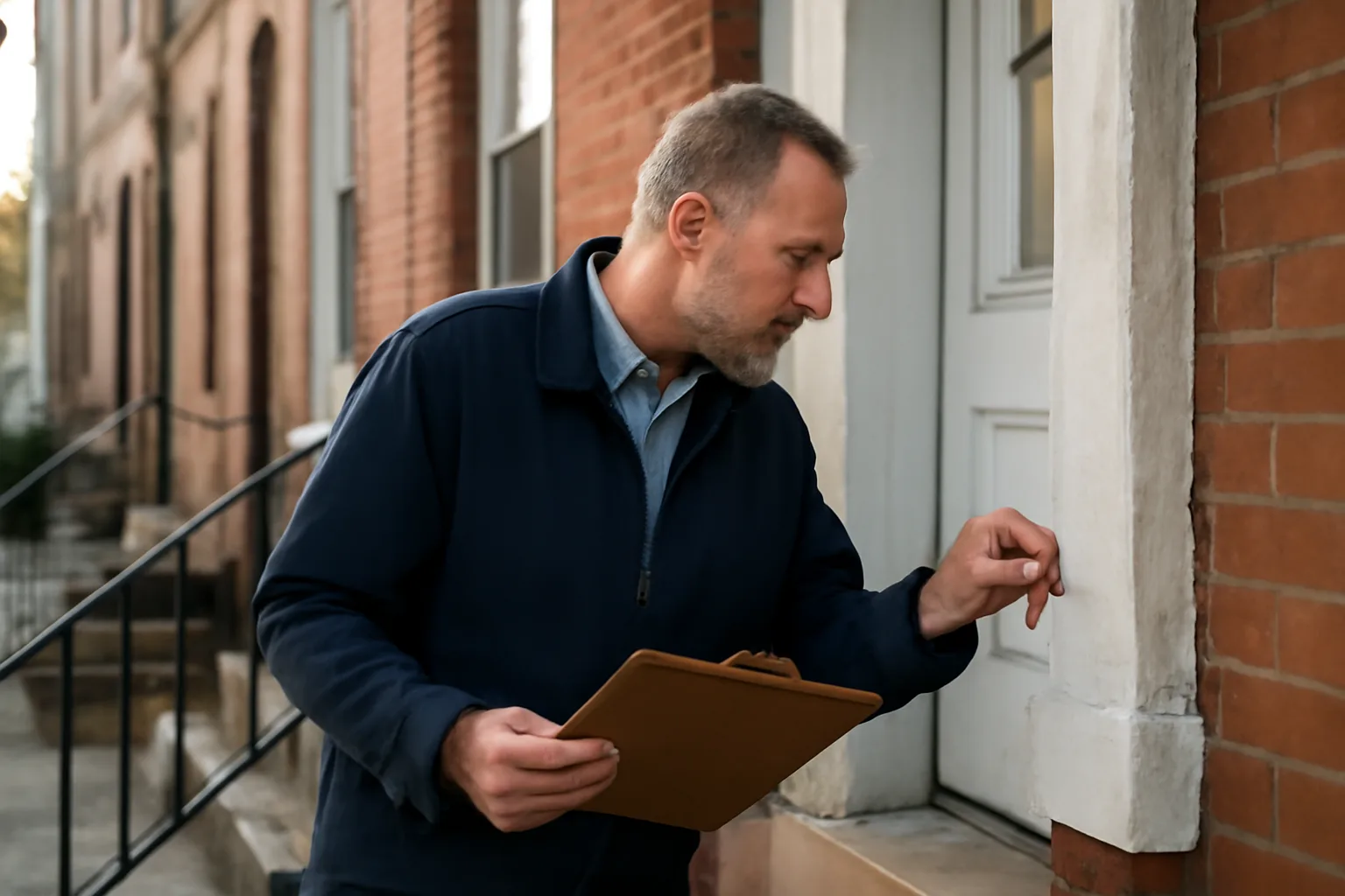 Landlord inspecting a Philadelphia rowhome doorway during a rental license check