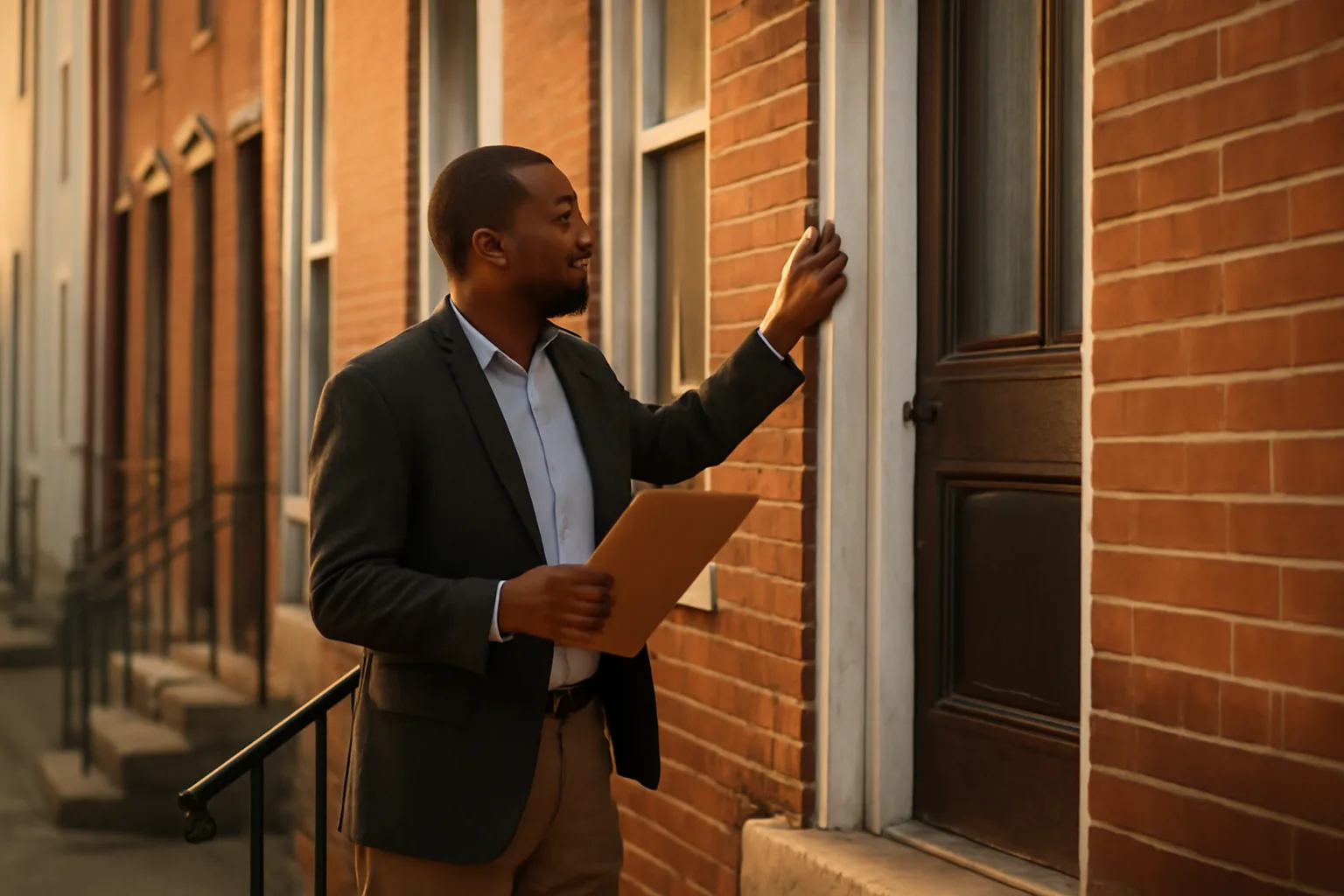 Landlord inspecting a Philadelphia rowhouse exterior before renewing a rental license