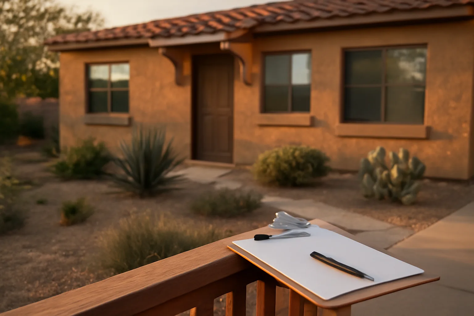 Stucco Phoenix rental duplex at sunset with a landlord's clipboard on the porch railing