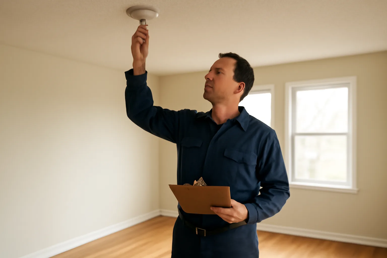 Landlord inspecting a smoke detector during a rental unit walk-through