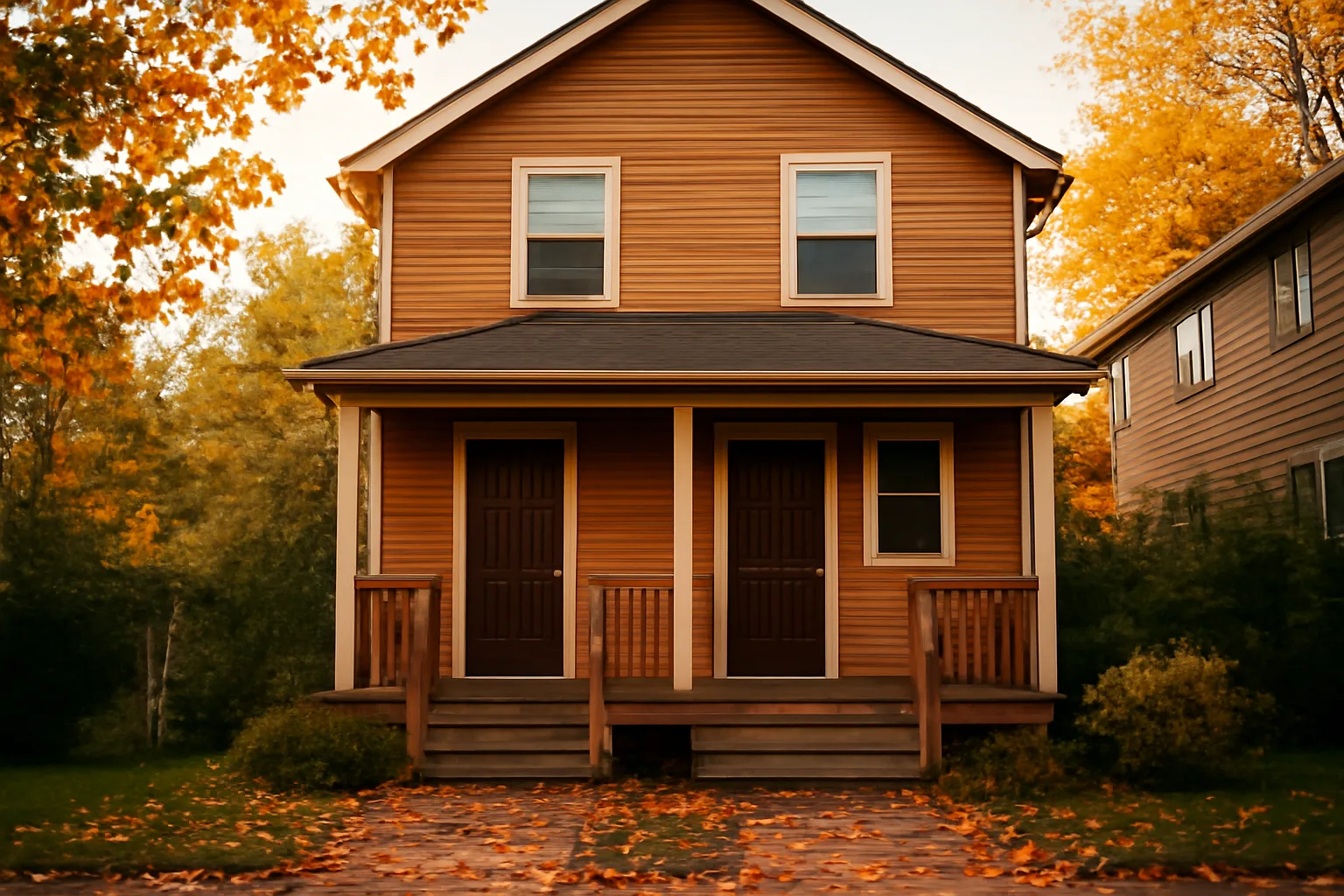 Small Portland duplex rental property exterior in late afternoon light