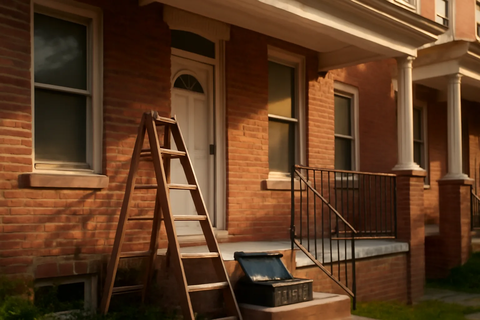 Brick rental rowhouse exterior with ladder and open toolbox on porch steps