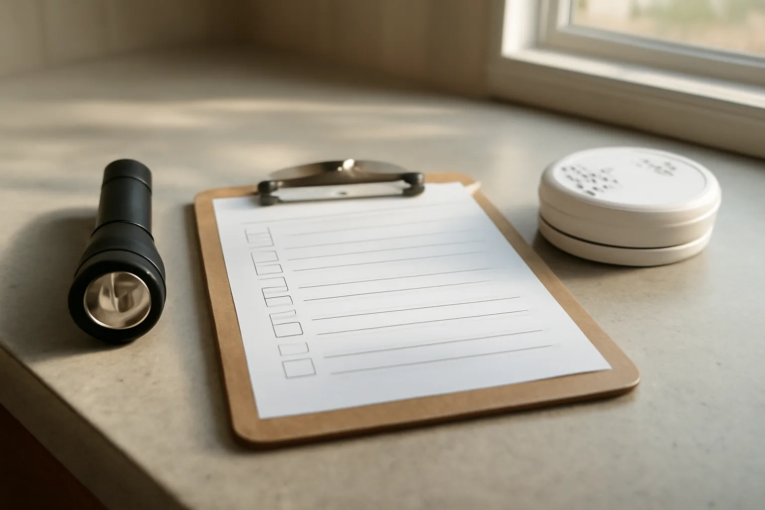 Clipboard and flashlight on a counter representing a home inspection checklist walkthrough
