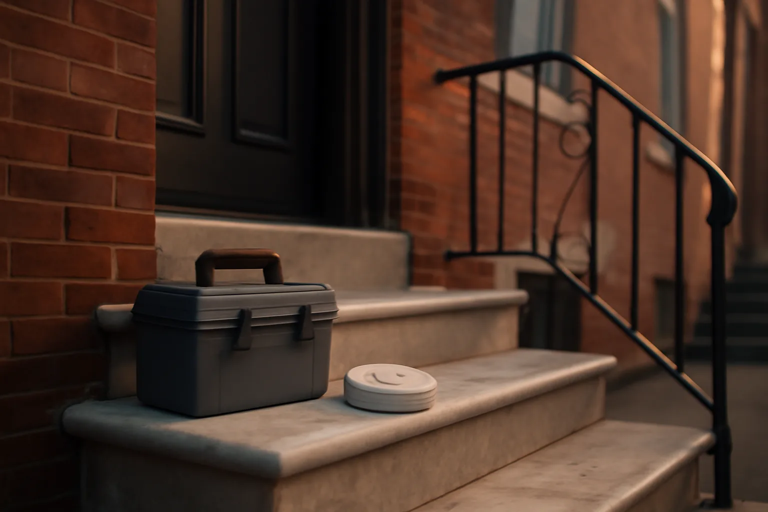 Baltimore rowhouse stoop with toolbox, representing private landlords preparing for rental inspection