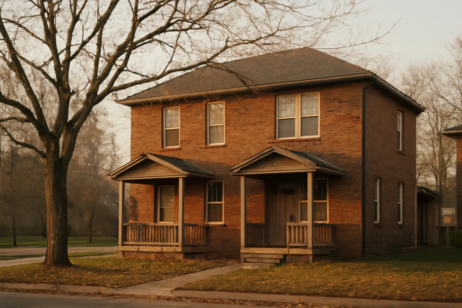 Brick duplex rental property on an Omaha residential street in morning light