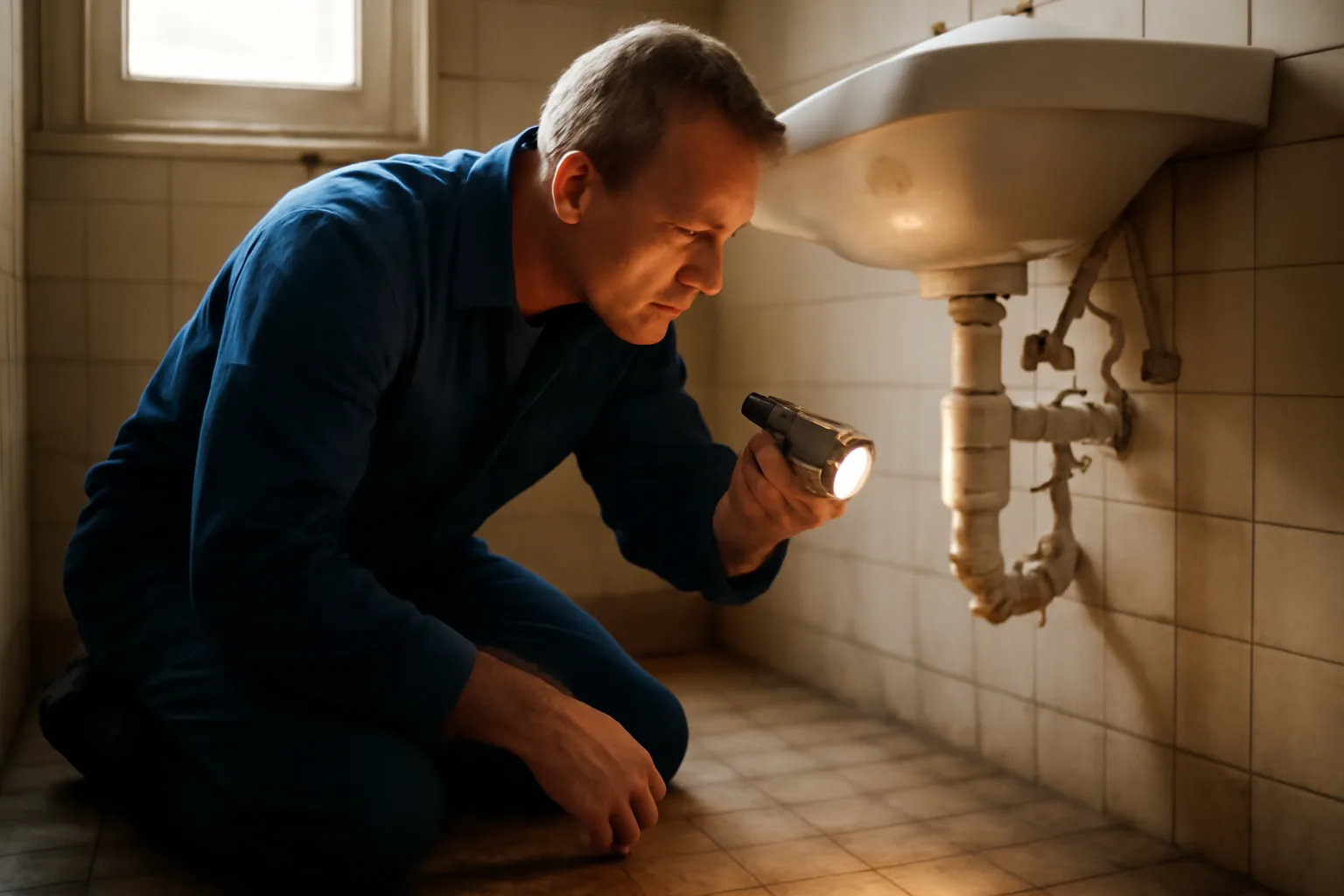 Landlord inspecting a leaking pipe under a bathroom sink during a rental property repair check