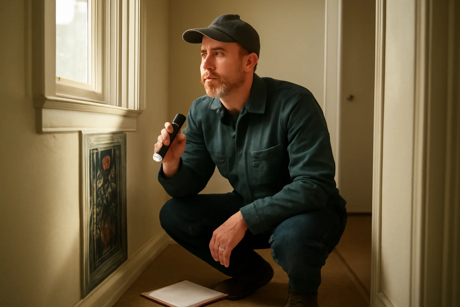 Landlord inspecting an electrical panel during a rental unit walkthrough