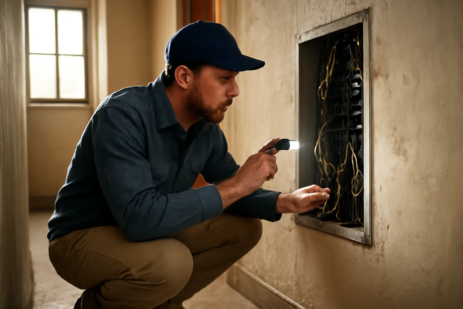 Landlord conducting a property walk through checklist inspection near an electrical panel