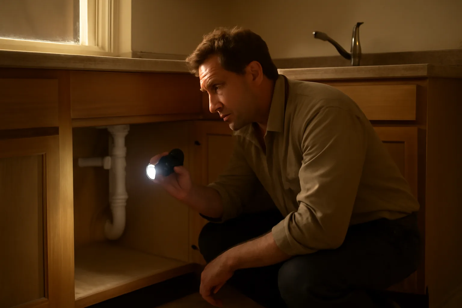 Landlord checking under-sink plumbing during a routine quarterly rental inspection