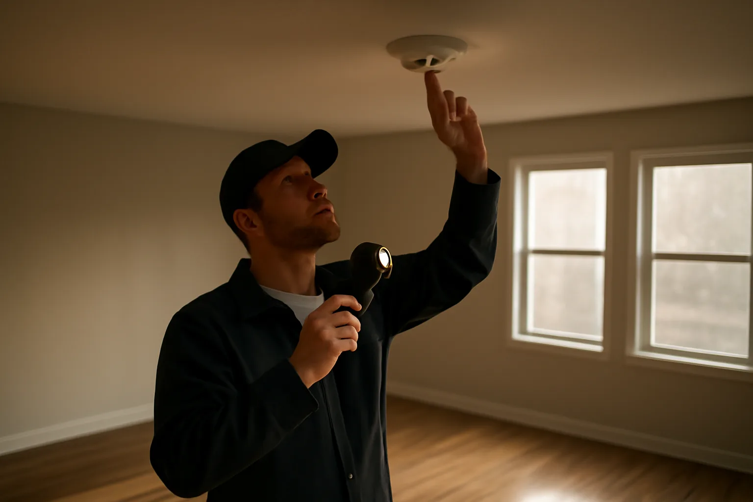 Landlord inspecting a smoke detector during a rental property walk-through inspection
