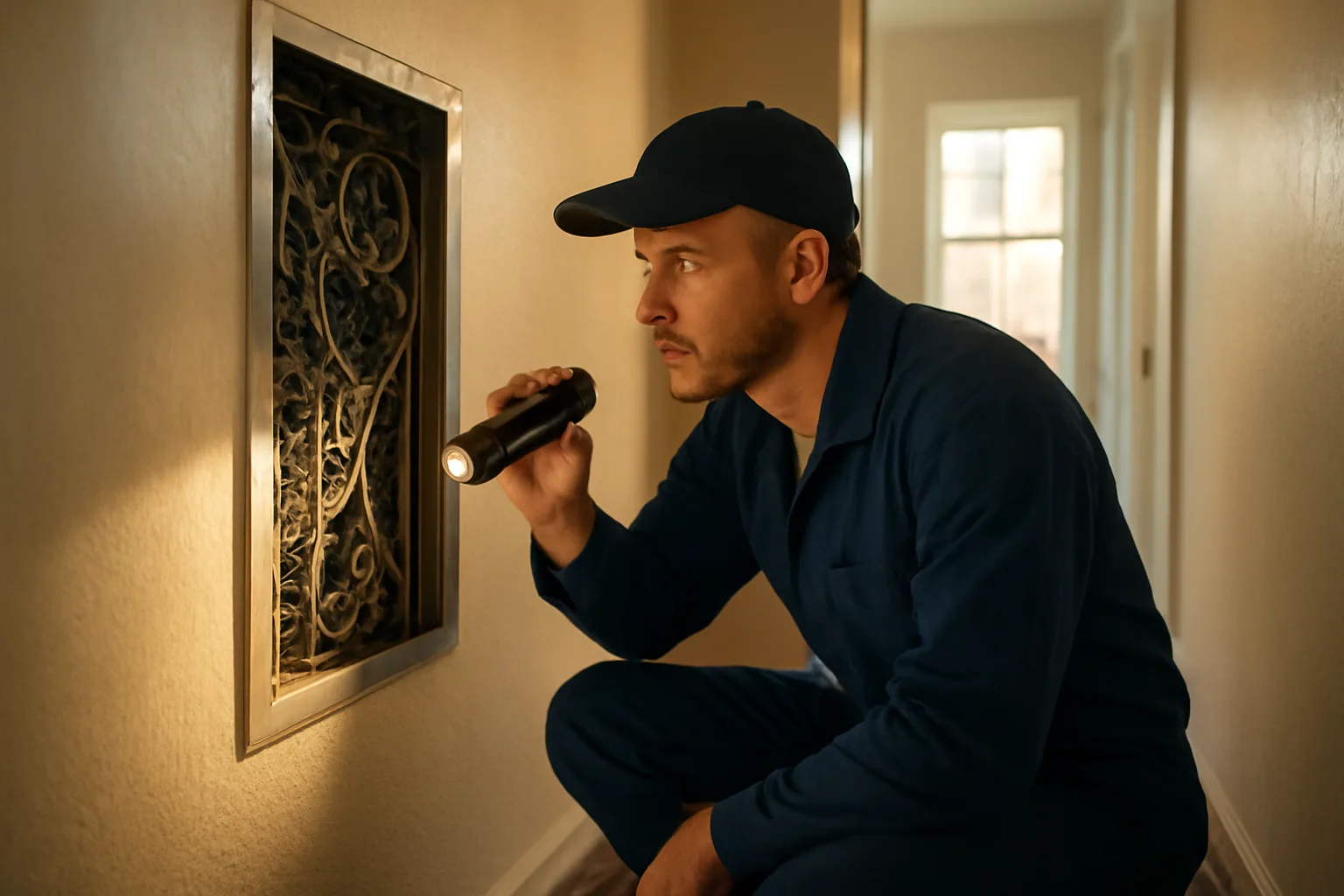 Landlord checking an electrical panel during a rental unit inspection