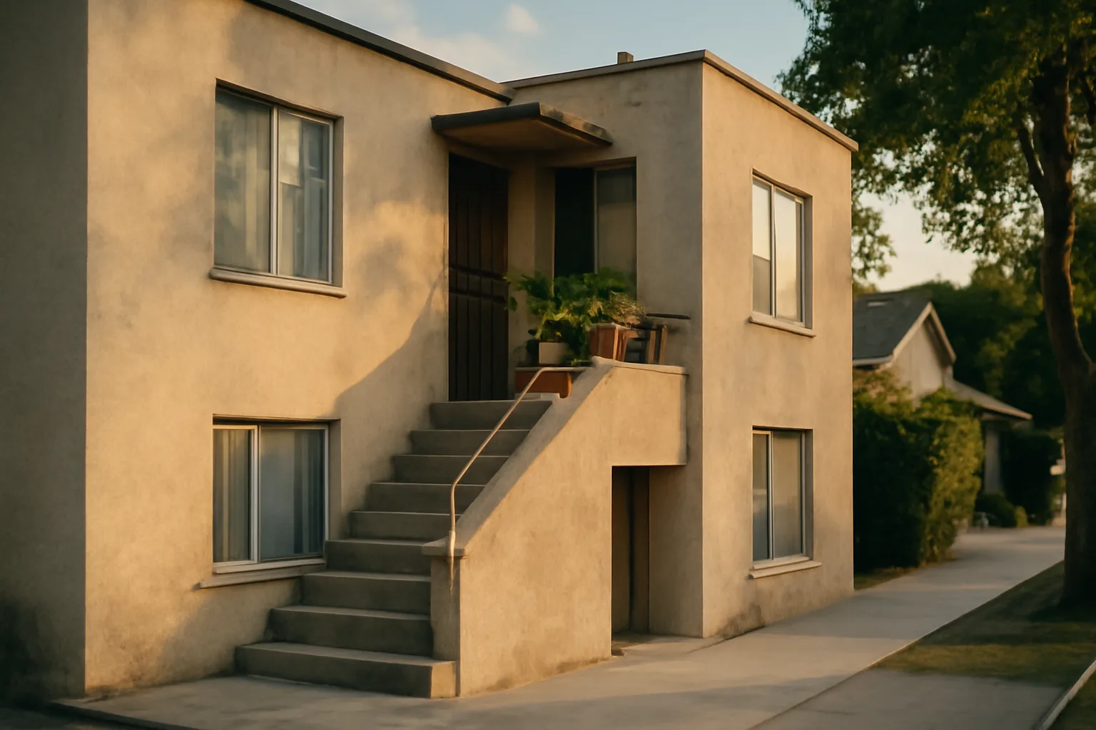 Stucco duplex rental building exterior representing LA County rent registry compliance
