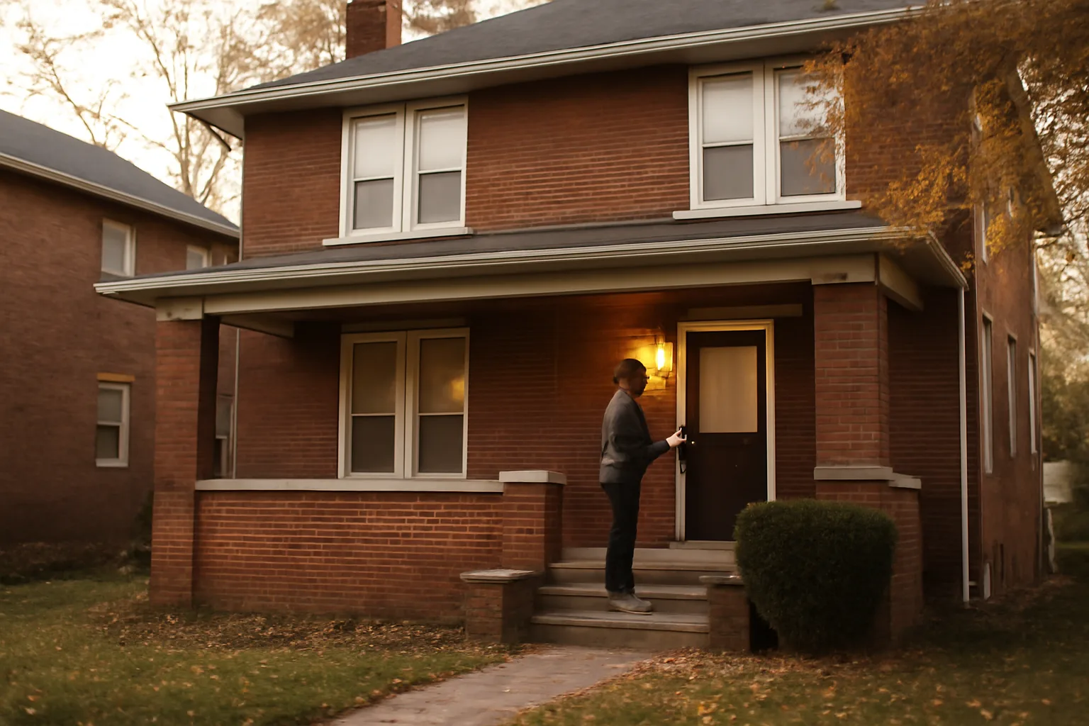 Landlord inspecting a brick rental duplex porch in Ohio during late afternoon light