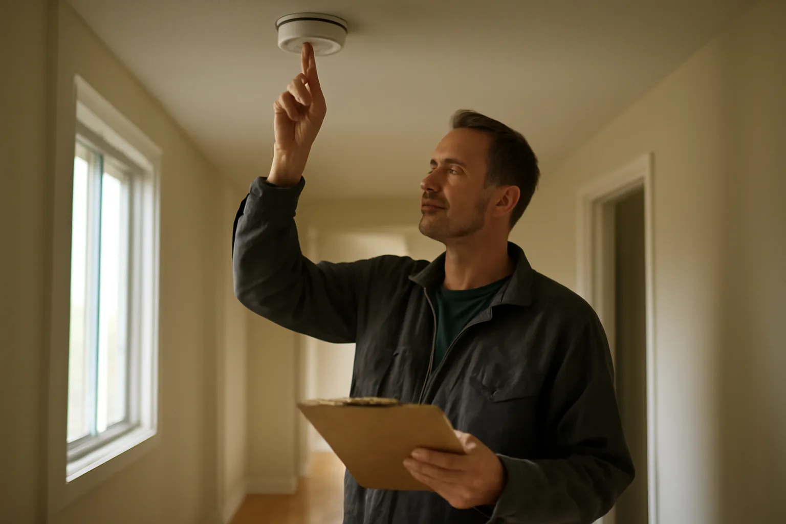 Landlord checking a smoke detector during a rental unit inspection walkthrough