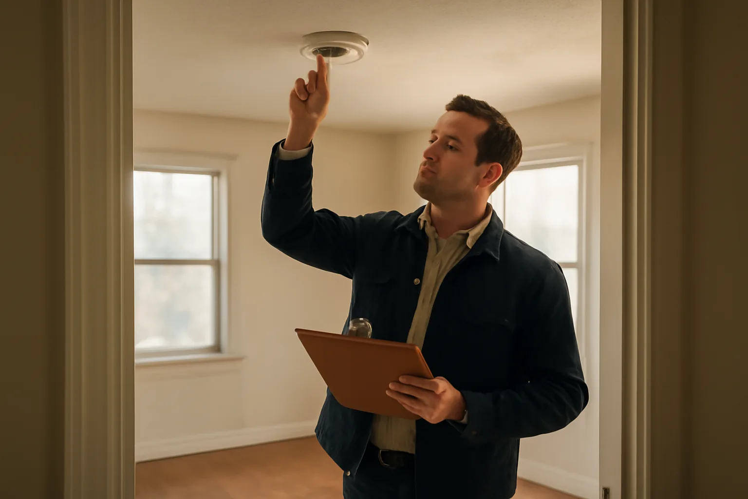 Landlord checking a smoke detector during a rental unit walk-through inspection