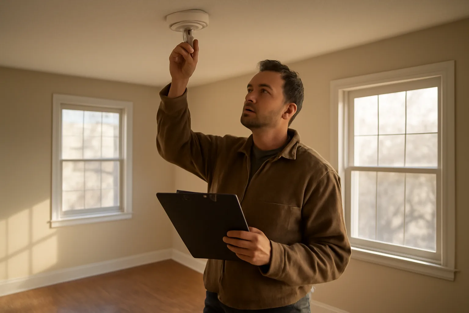 Landlord inspecting a smoke detector during a rental unit walk-through inspection