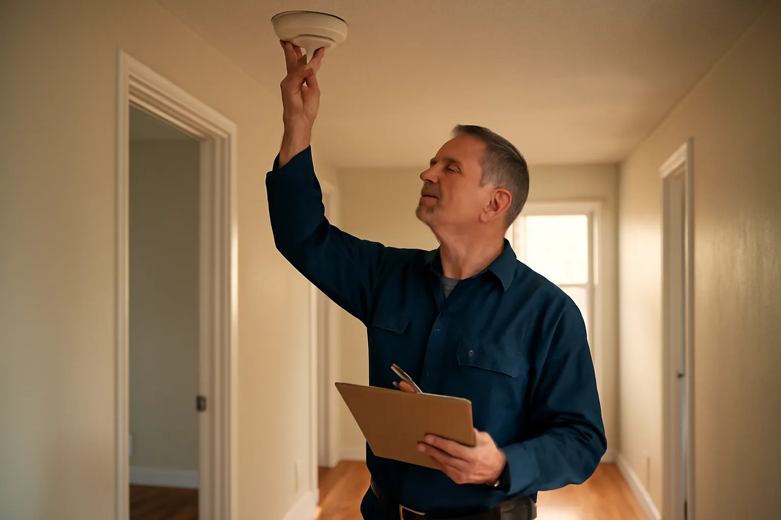 Landlord checking a smoke detector during a rental unit inspection walk-through