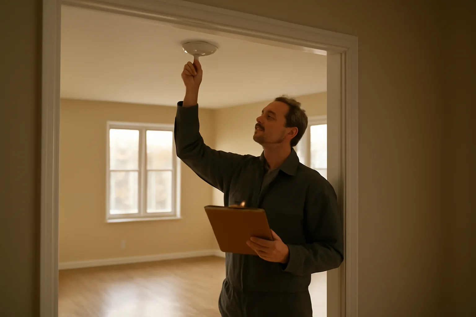 Landlord checking a smoke detector during a rental property inspection walk-through