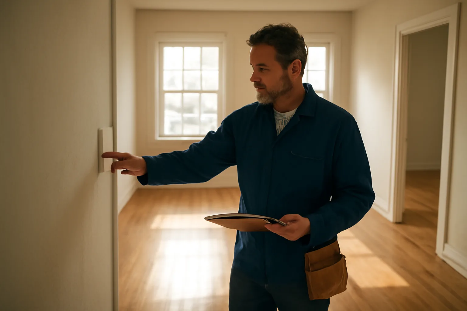 Landlord inspecting an empty rental unit's light switch during a walk-through
