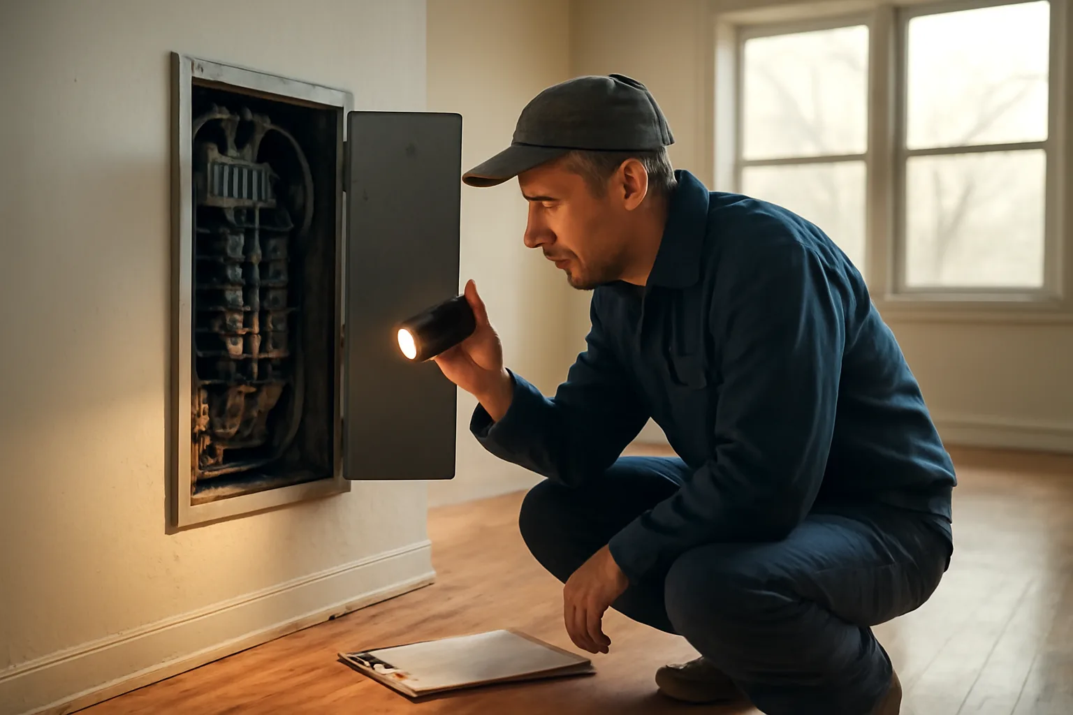 Landlord inspecting an electrical panel in an empty rental unit during a walk-through